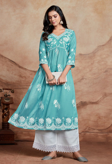 Vichitra Silk Chikankari Embroidered Naira Cut Kurta (Sky)