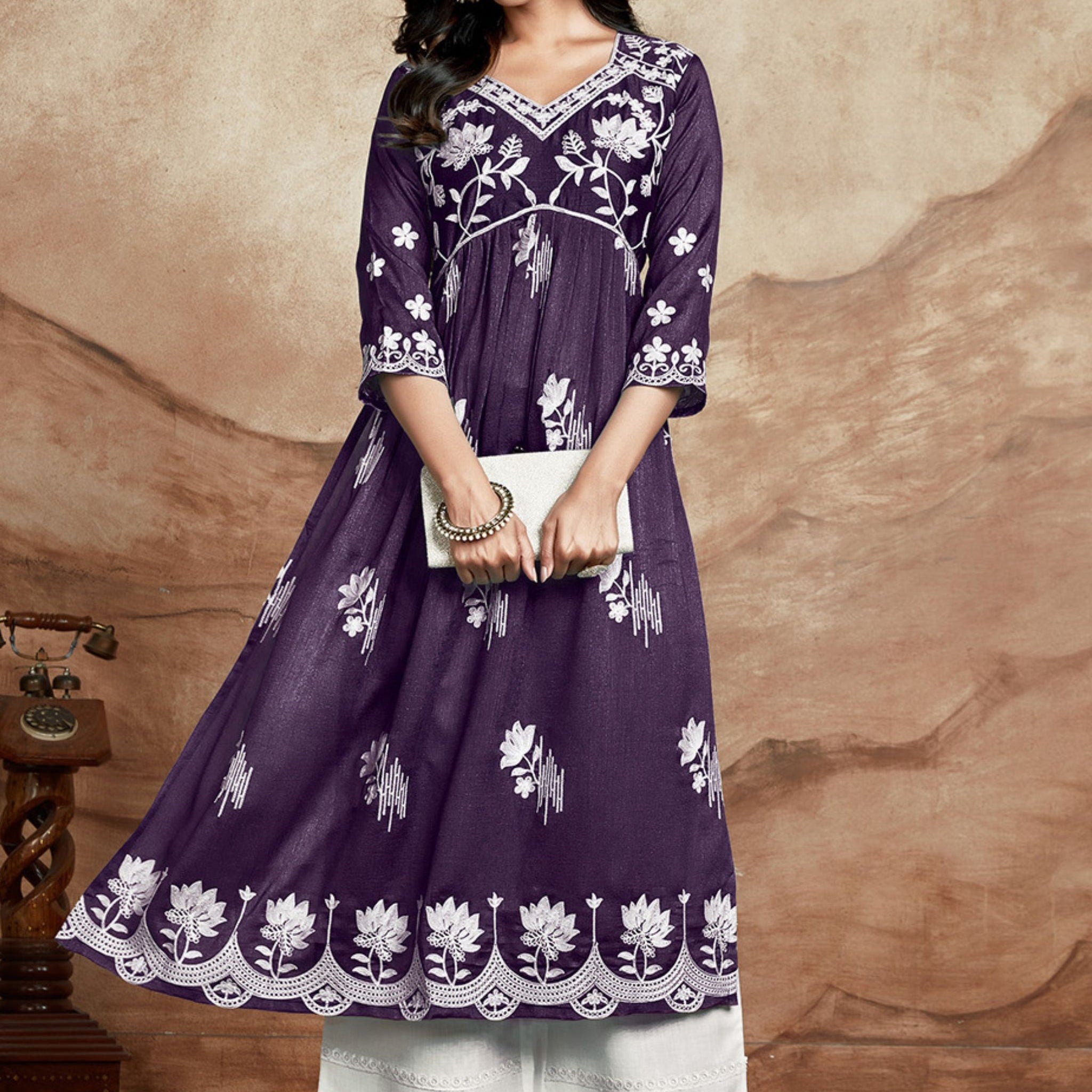 Vichitra Silk Chikankari Embroidered Naira Cut Kurta (Wine)