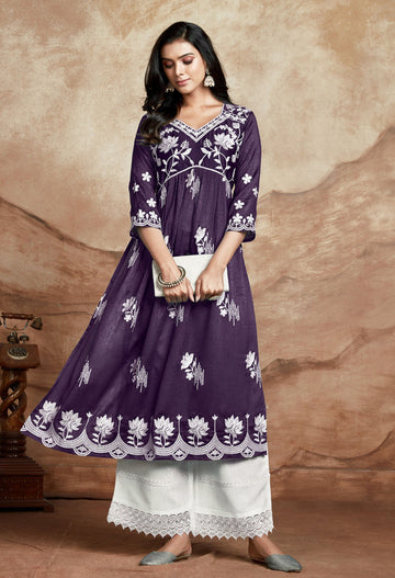 Vichitra Silk Chikankari Embroidered Naira Cut Kurta (Wine)