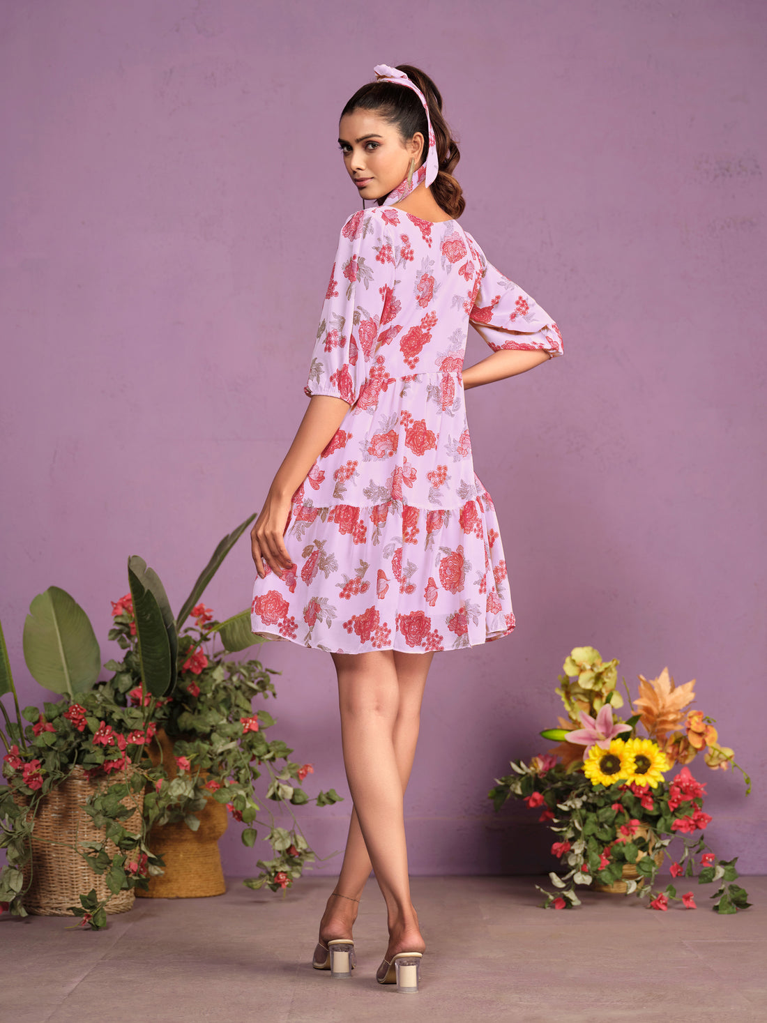 White Georgette Floral Print Fit & Flare Dress with Matching scrunchy