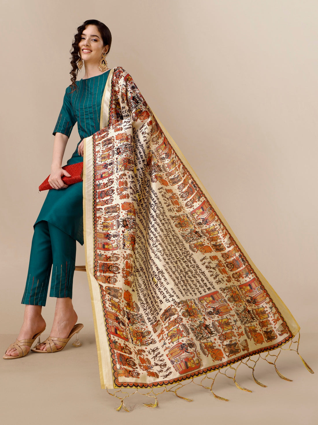 Cotton Thread Work Kurta Pant with Digital Print Dupatta