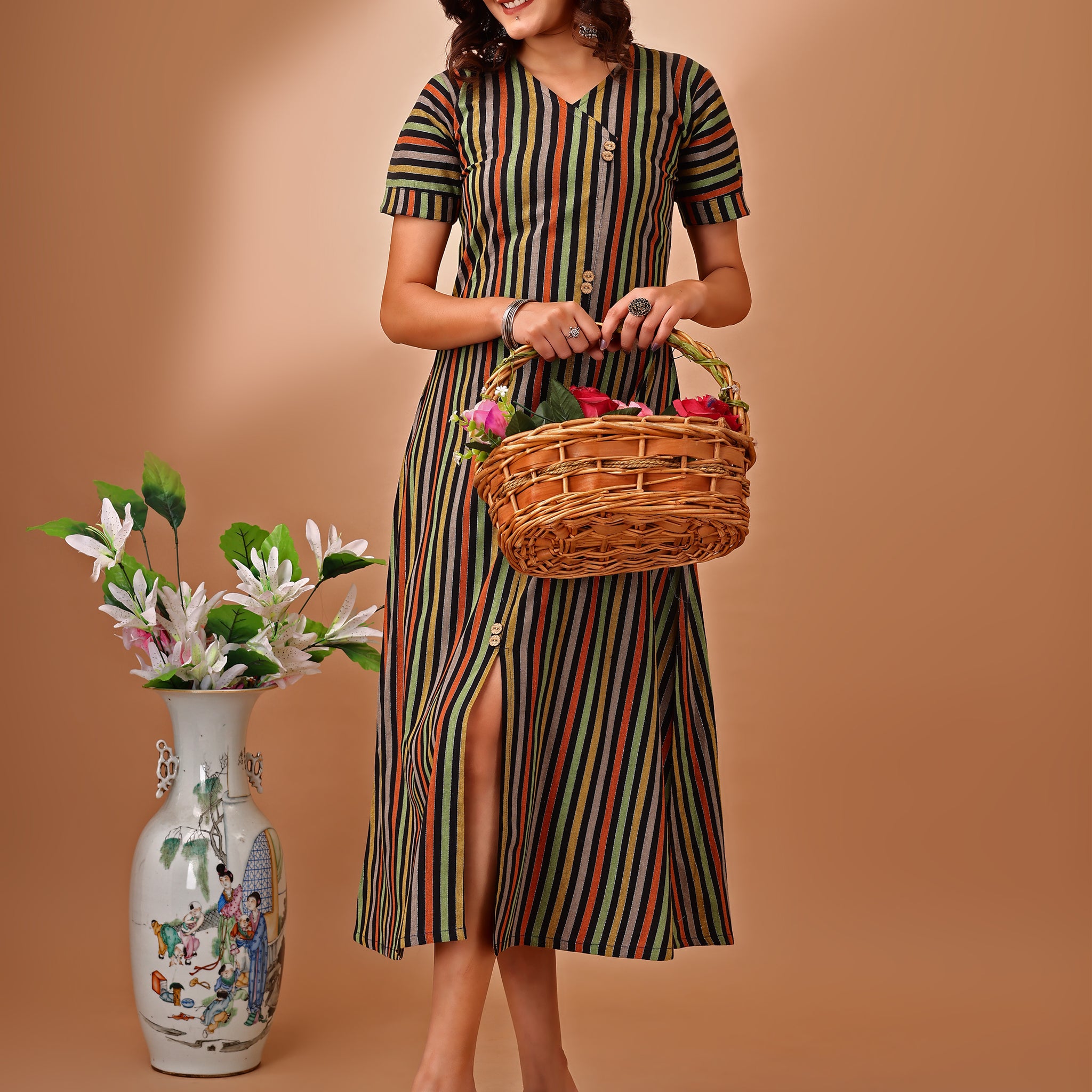 Green Cotton Blend Striped A-Line Dress