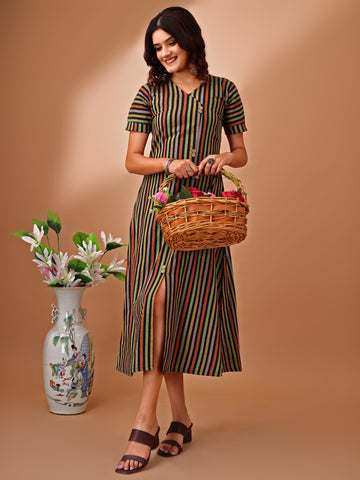 Green Cotton Blend Striped A-Line Dress
