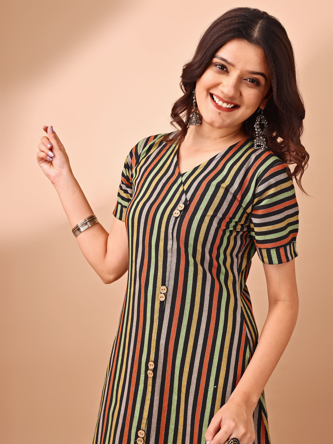 Green Cotton Blend Striped A-Line Dress