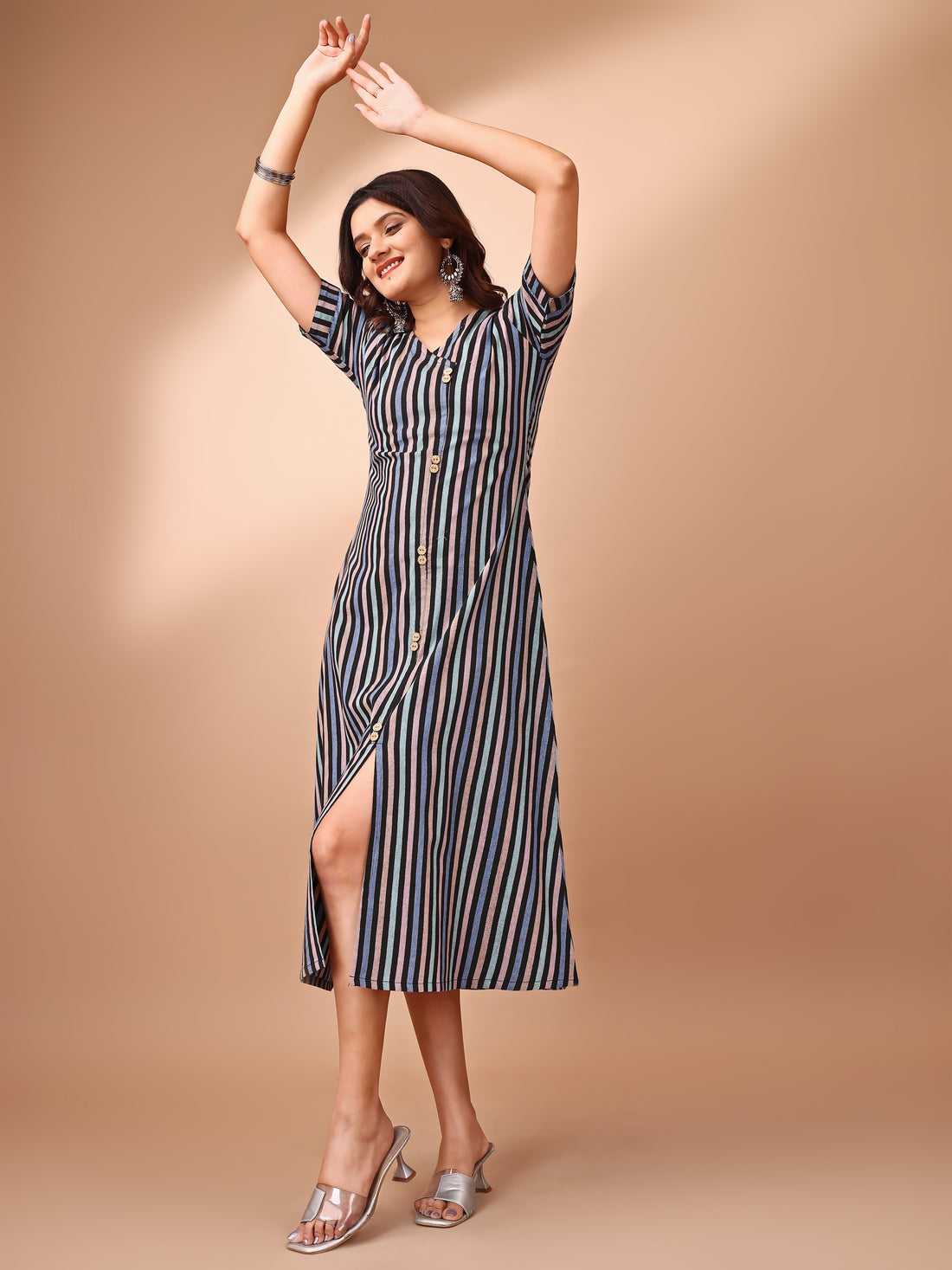 Purple Cotton Blend Striped A-Line Dress