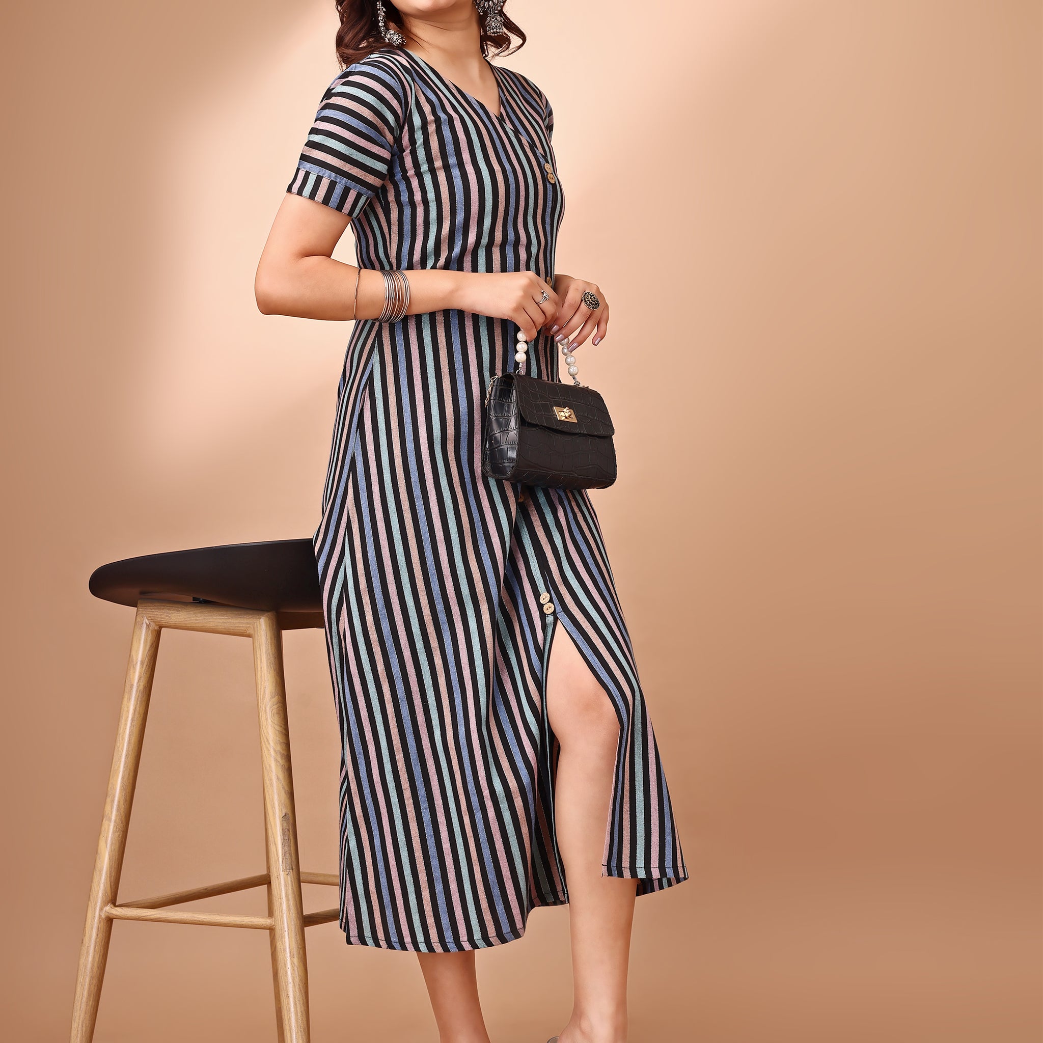 Purple Cotton Blend Striped A-Line Dress