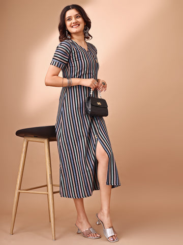 Purple Cotton Blend Striped A-Line Dress