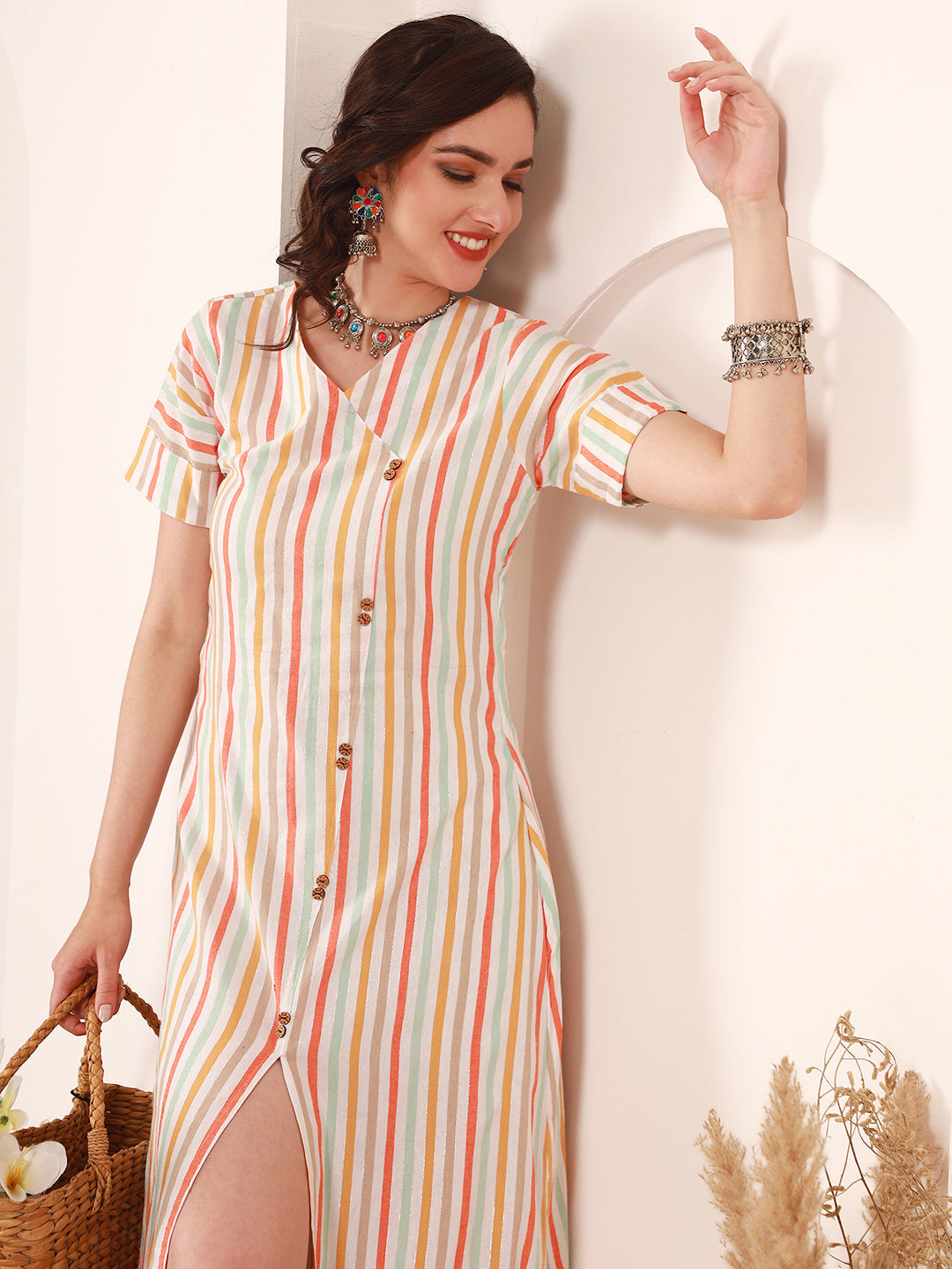 Multicolor Cotton Blend Striped Multicolor A-Line Dress