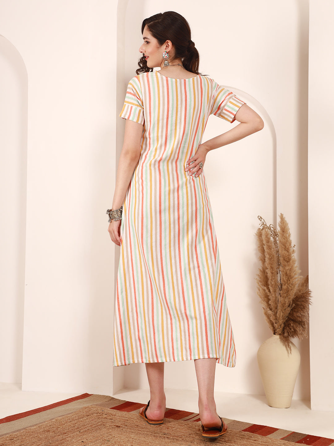 Multicolor Cotton Blend Striped Multicolor A-Line Dress