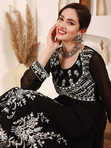 Chikankari Embroidered Alia Cut Georgette Anarkali Kurta Black