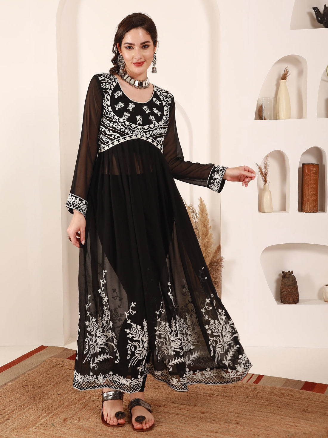 Chikankari Embroidered Alia Cut Georgette Anarkali Kurta Black