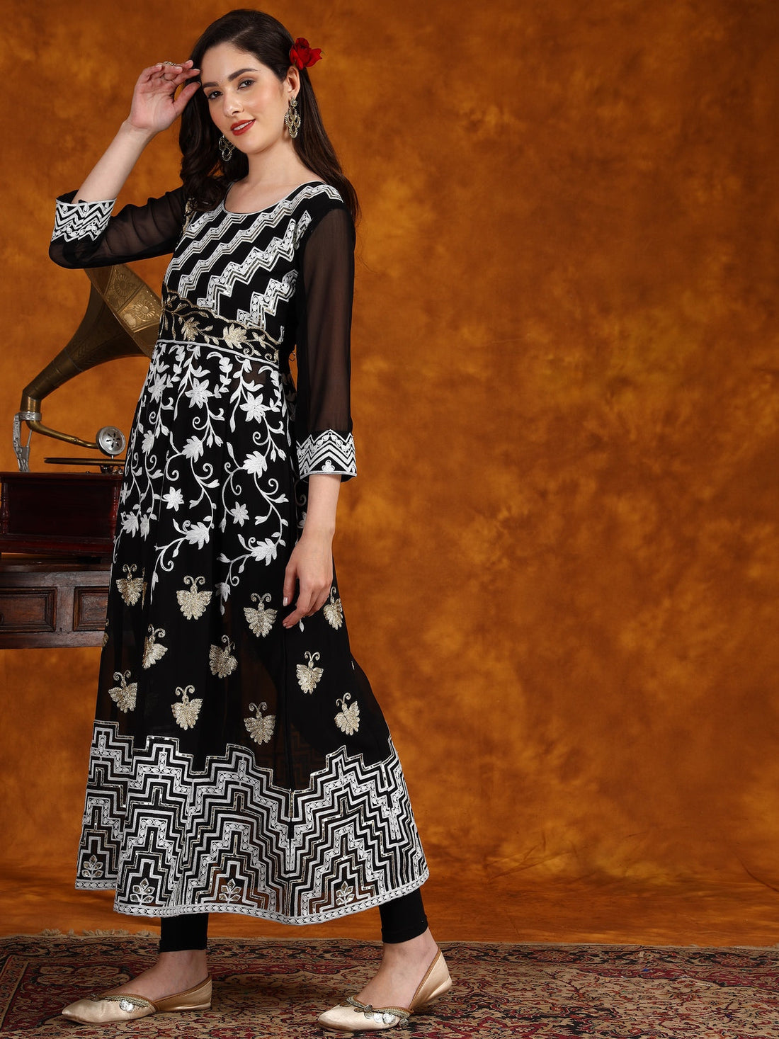 Black Georgette Chikankari Embroidered Anarkali Kurta