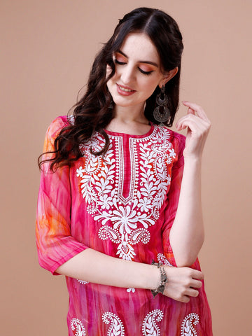 Pink Georgette Chikankari Embroidery Straight Kurta
