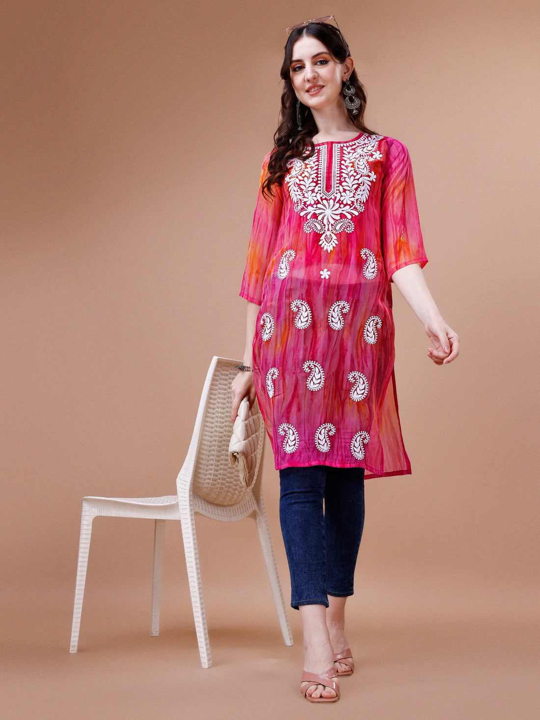 Pink Georgette Chikankari Embroidery Straight Kurta