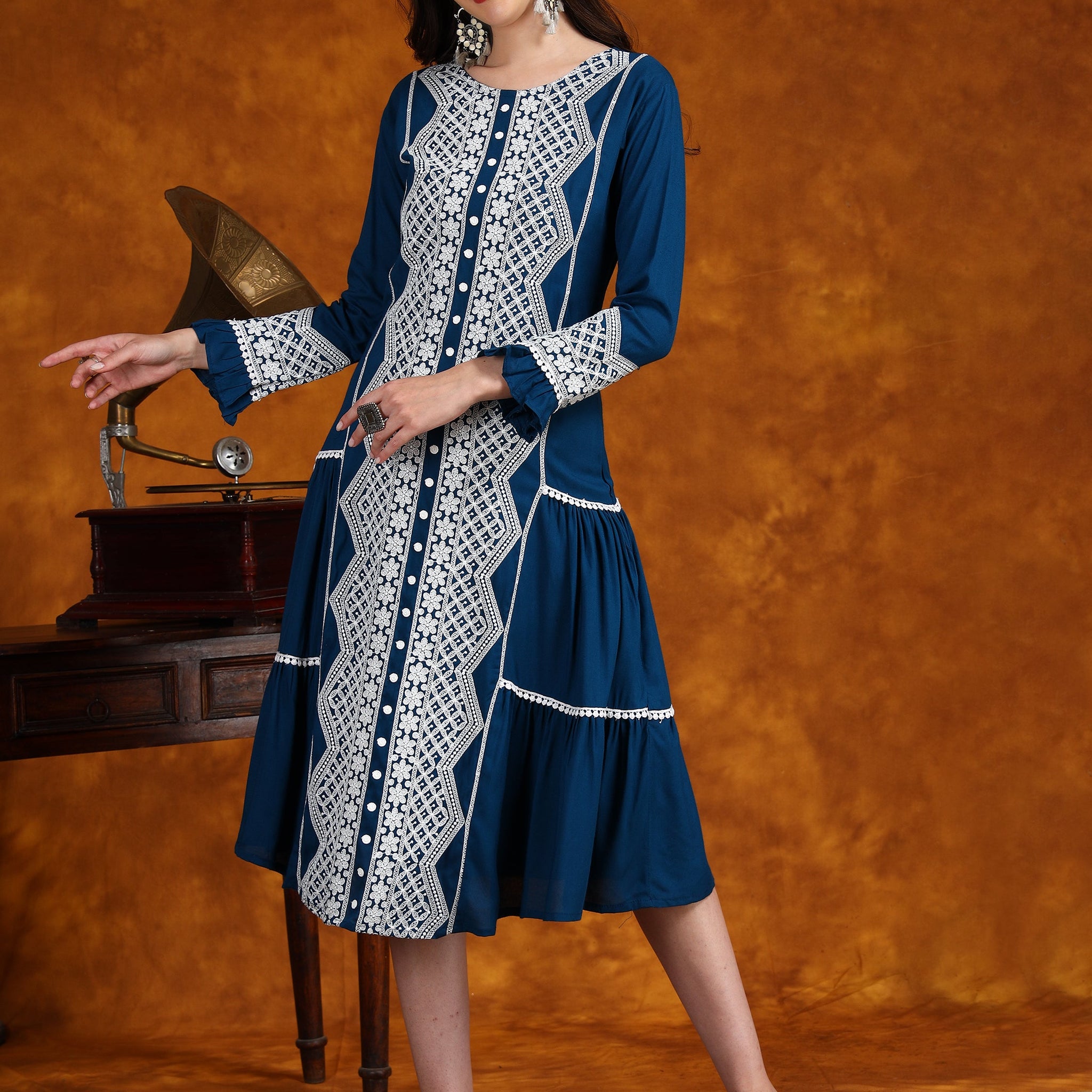 Cotton Blend Embroidered Flared Dress