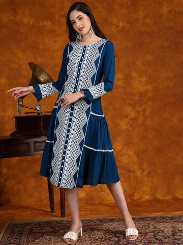 Cotton Blend Embroidered Flared Dress