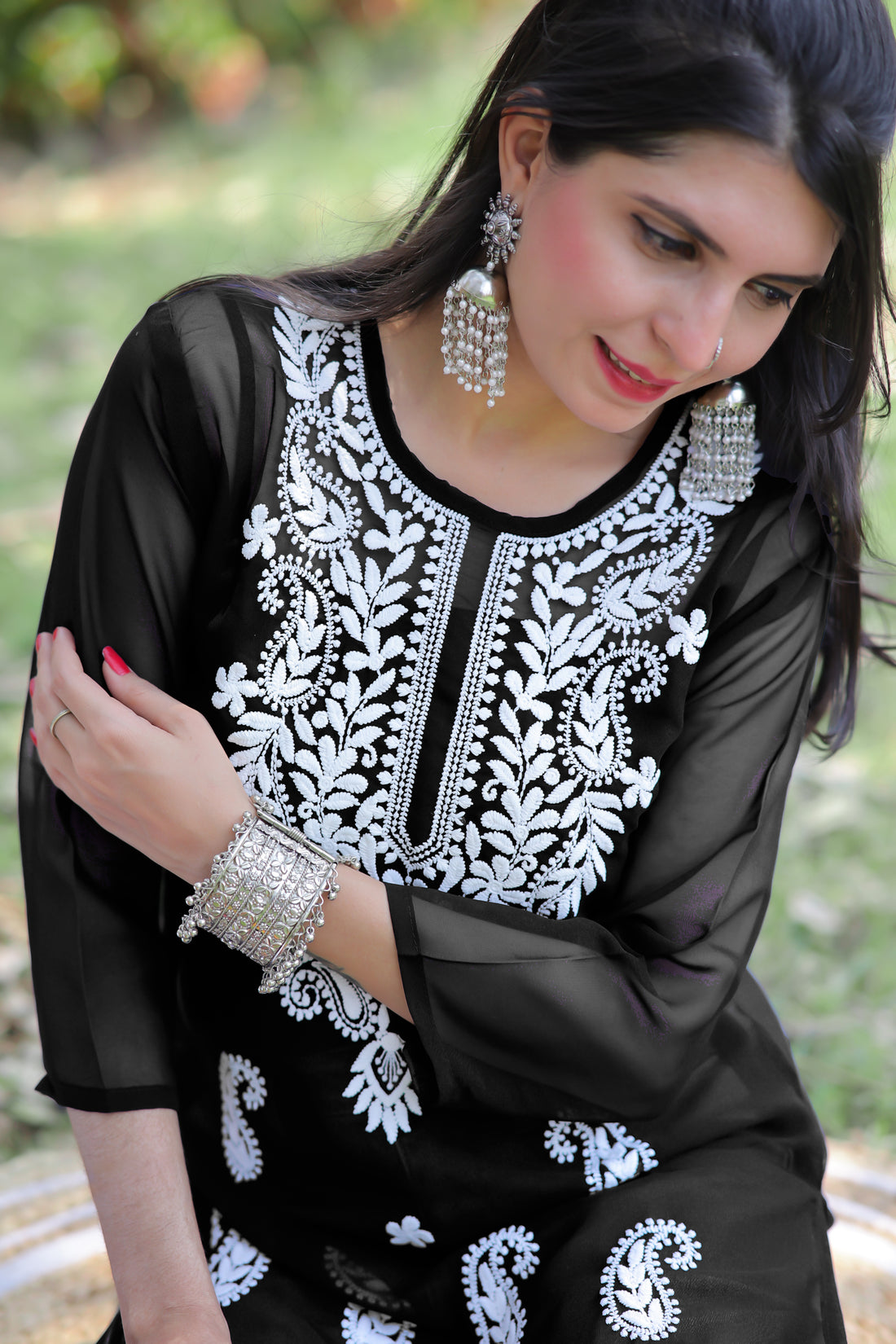 Black Georgette Embroidered Embroidered Straight Summer Short Kurti
