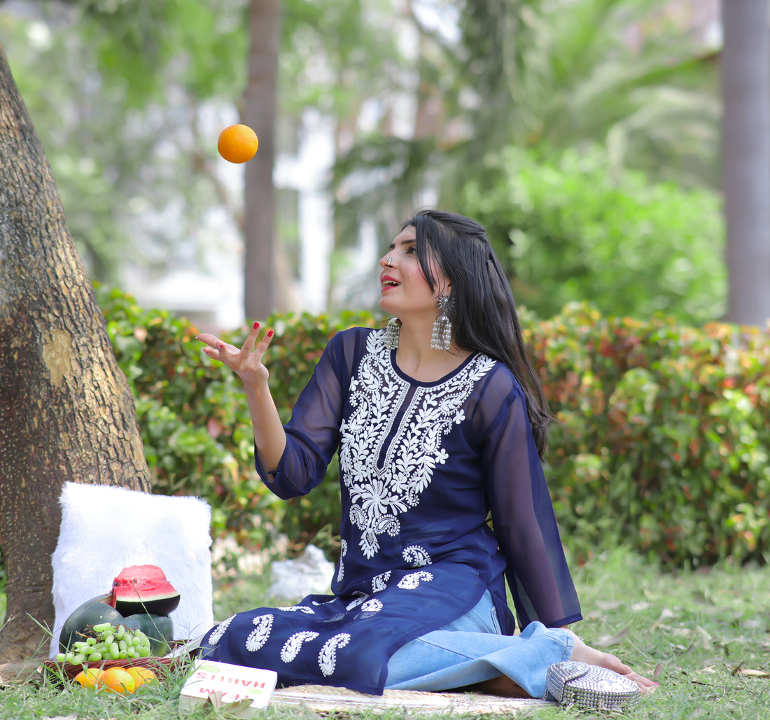Navy Blue Georgette Embroidered Embroidered Straight Short Kurti