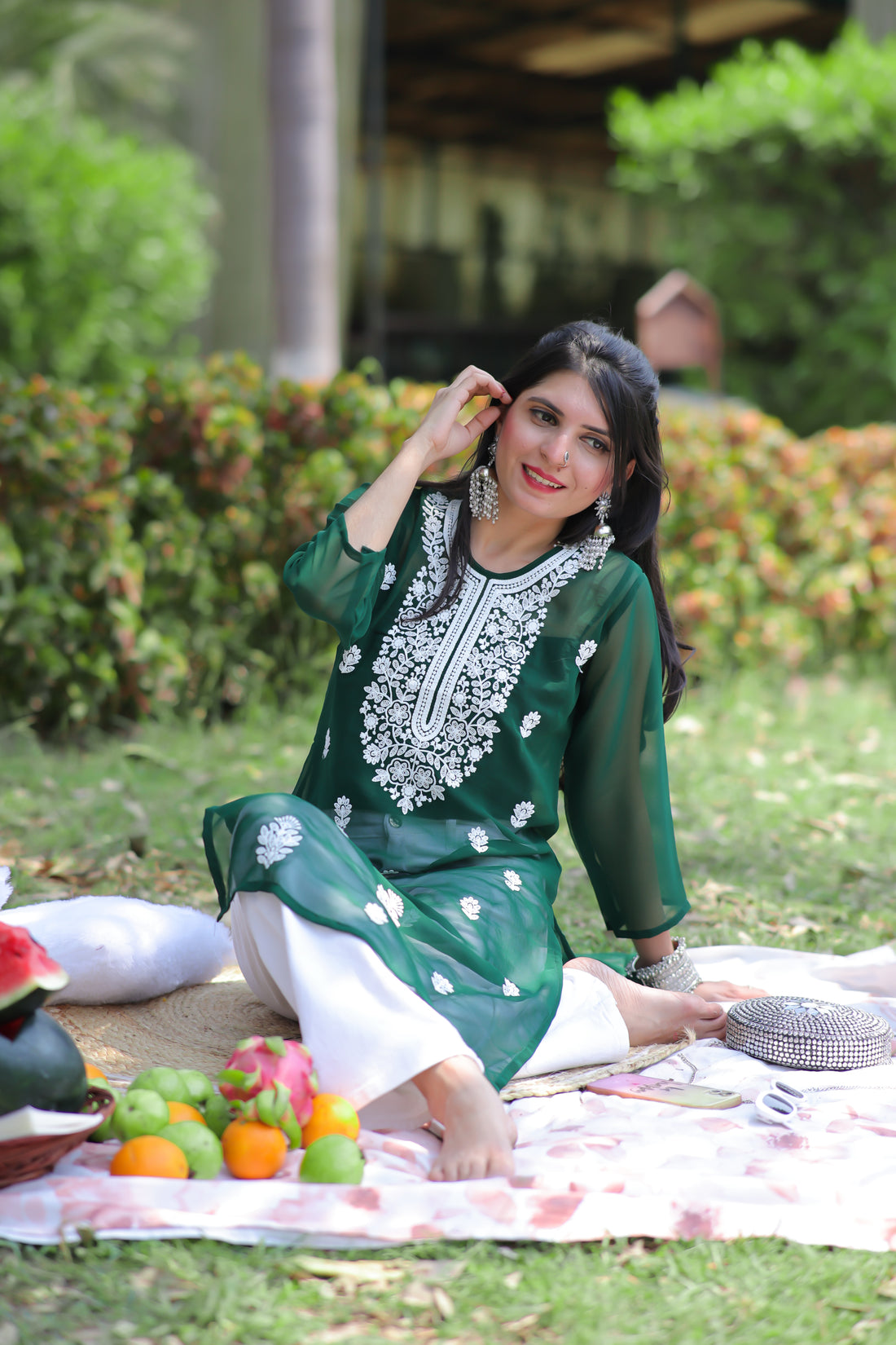 Green Georgette Chikankari Embroidery Summer Straight Summer Short Kurti