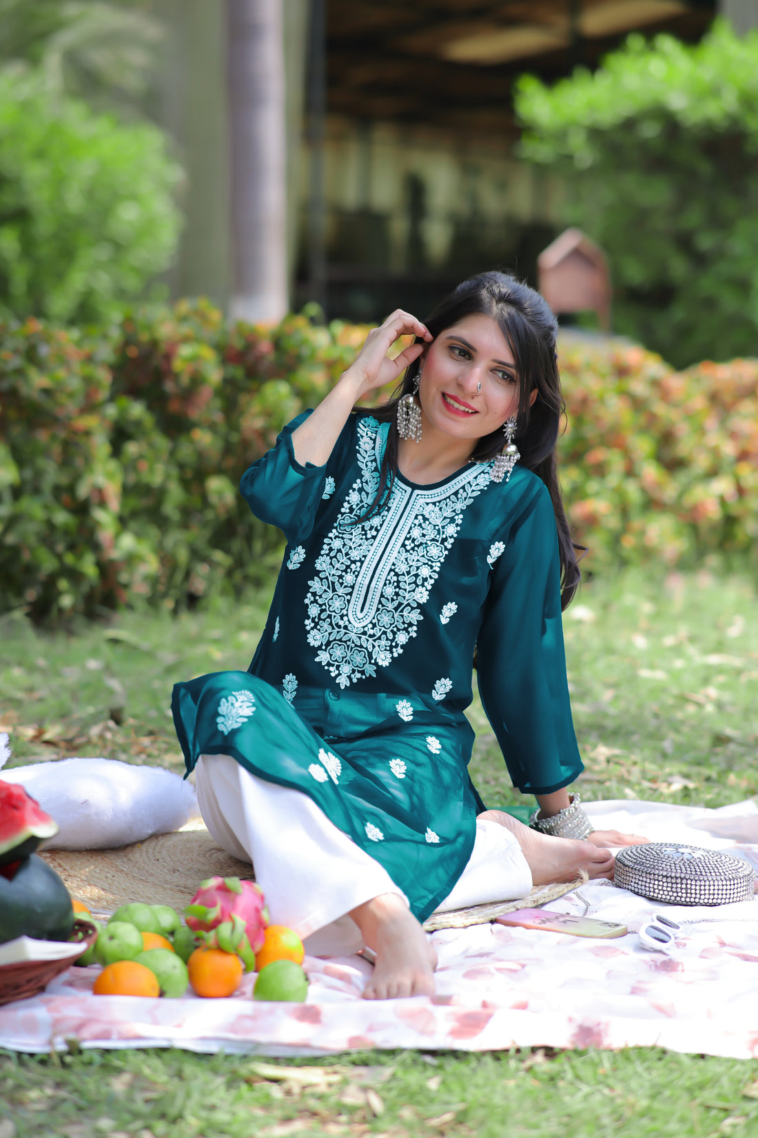 Teal Blue Georgette Chikankari Embroidery Summer Straight Short Kurti