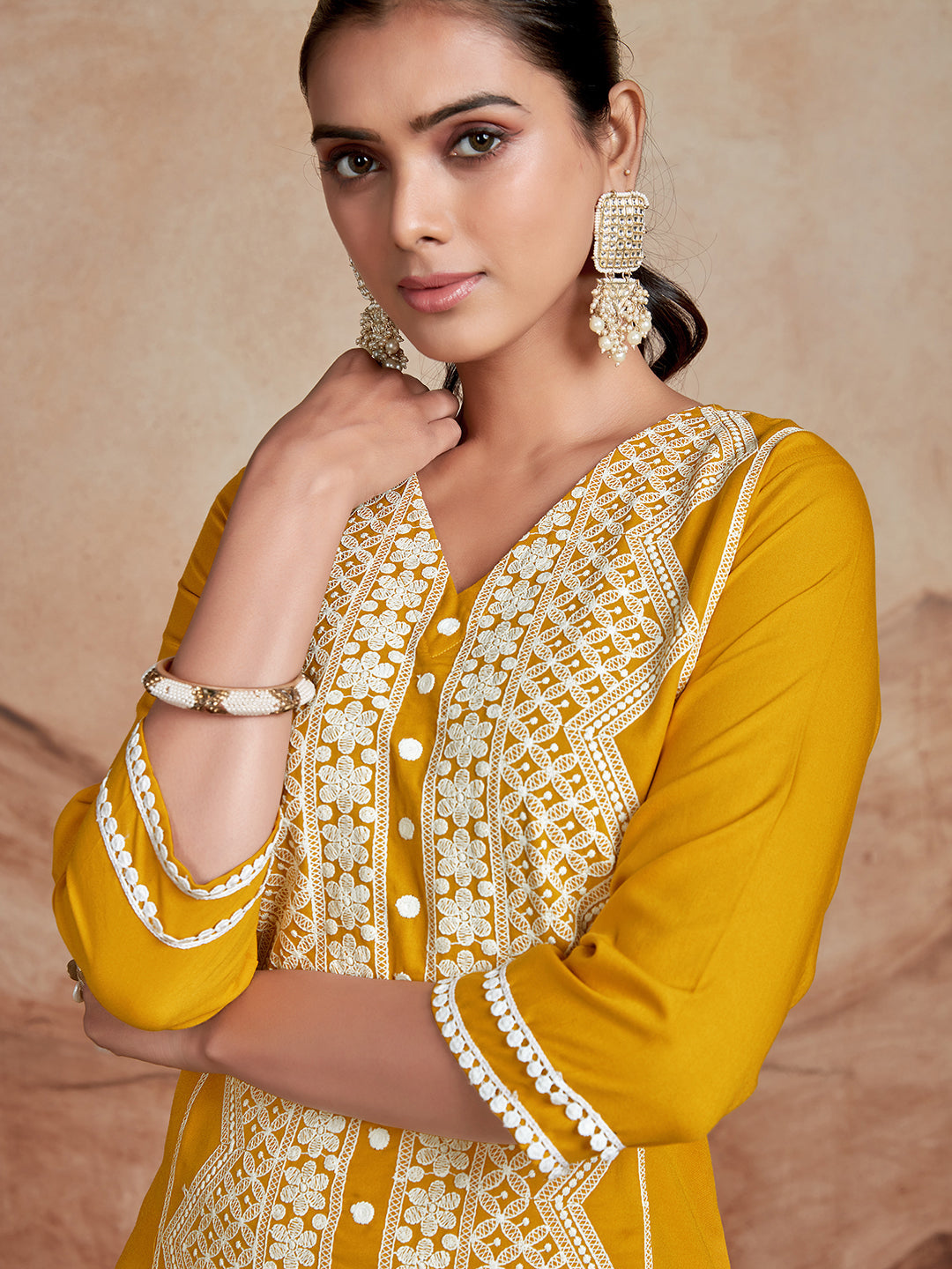 Mustard Cotton Rayon Chikankari Embroidery Straight Kurta