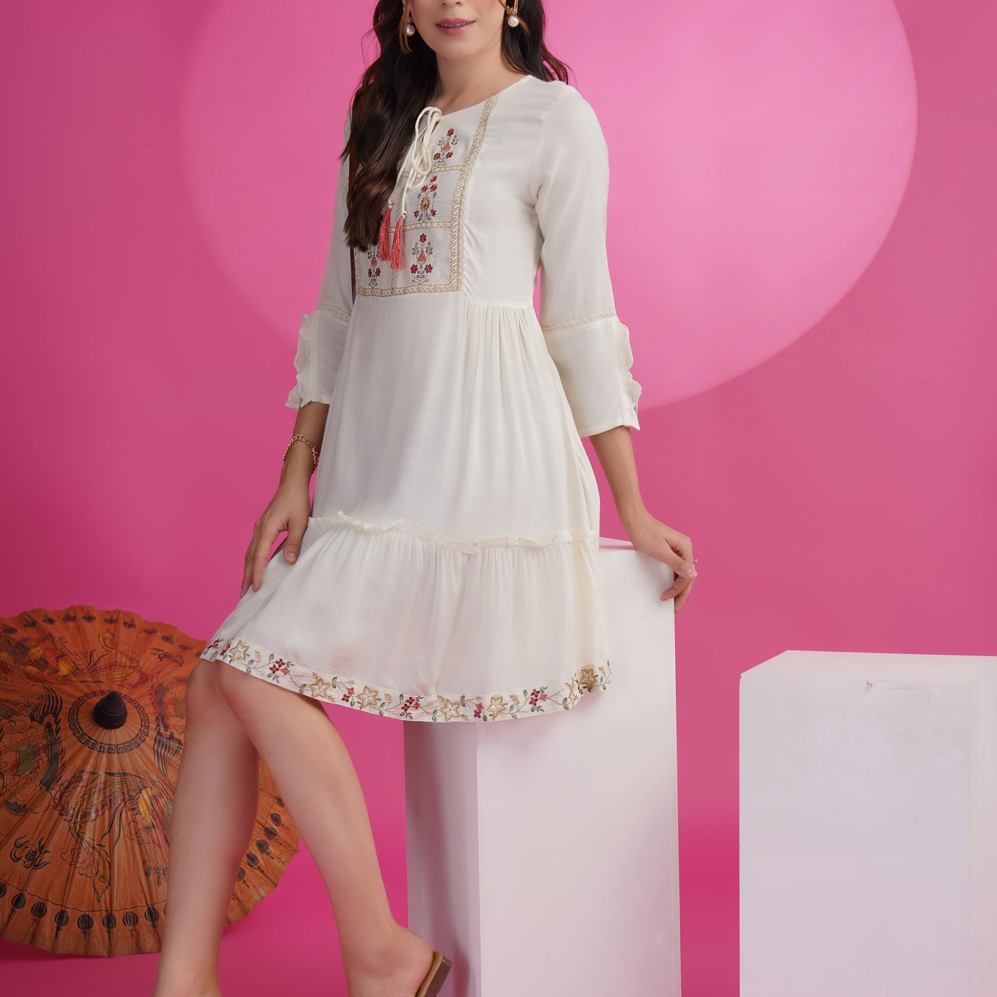 White Cotton Rayon Fit & Flare Embroidered Dress White Cotton Rayon Fit & Flare Embroidered Dress