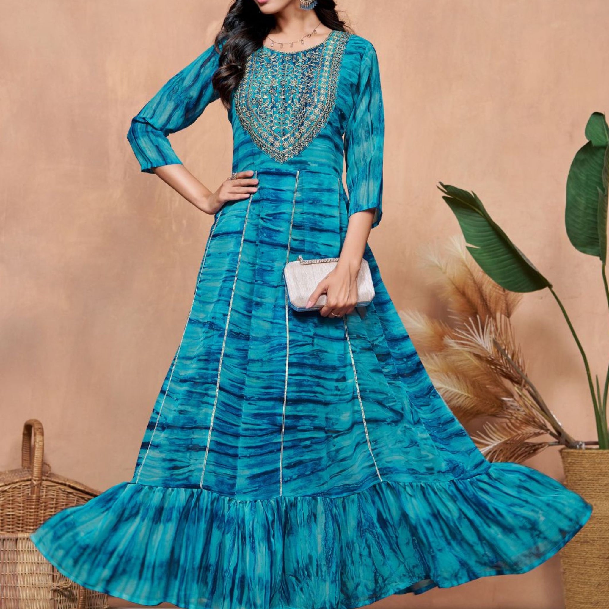 Georgette Digital Print and Embroidered Flared Dress