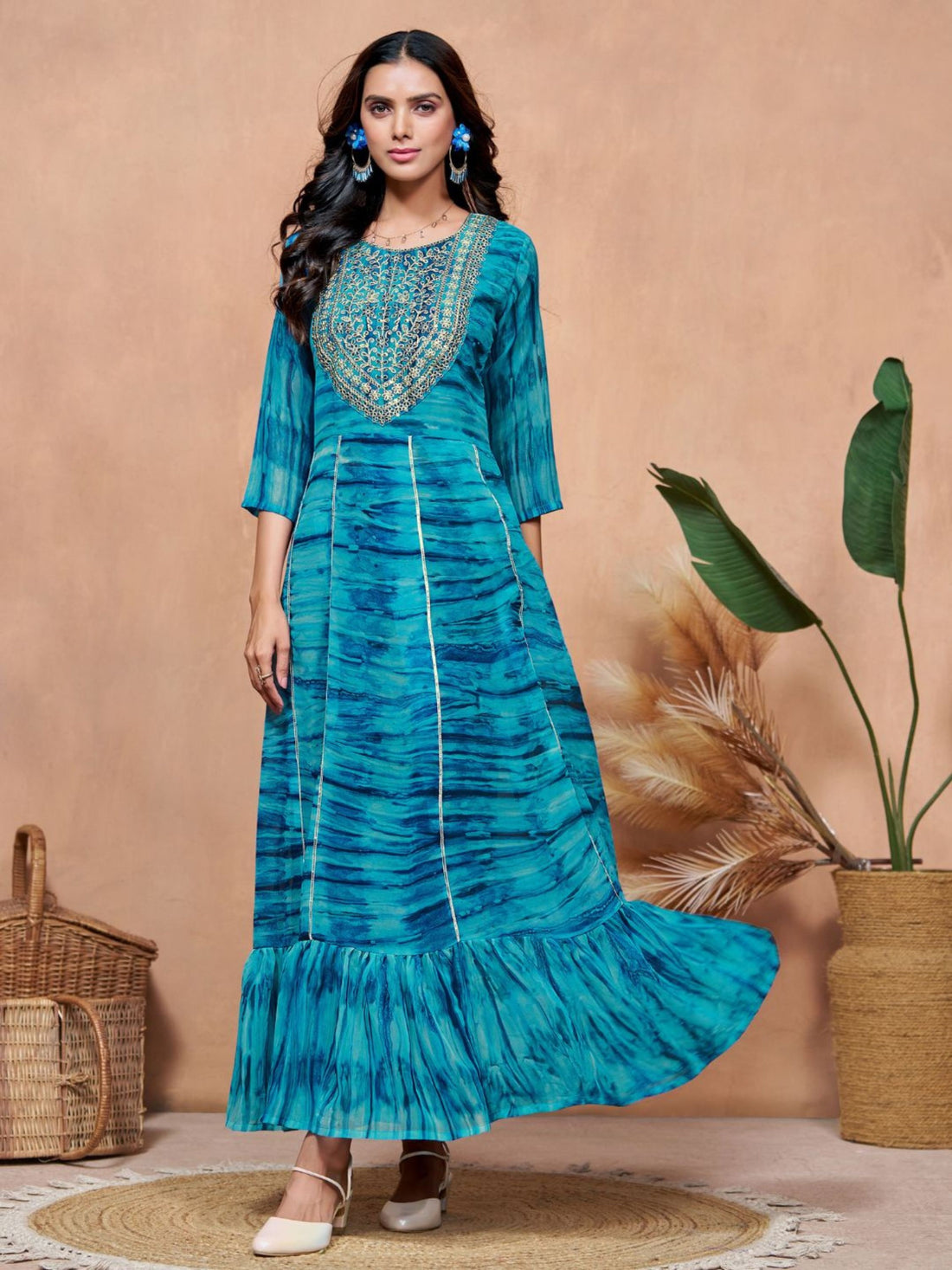 Georgette Digital Print and Embroidered Flared Dress