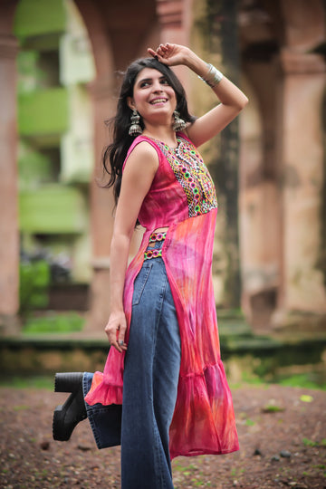 Pink Geogette Embroidered Ombre A-line long Kurta