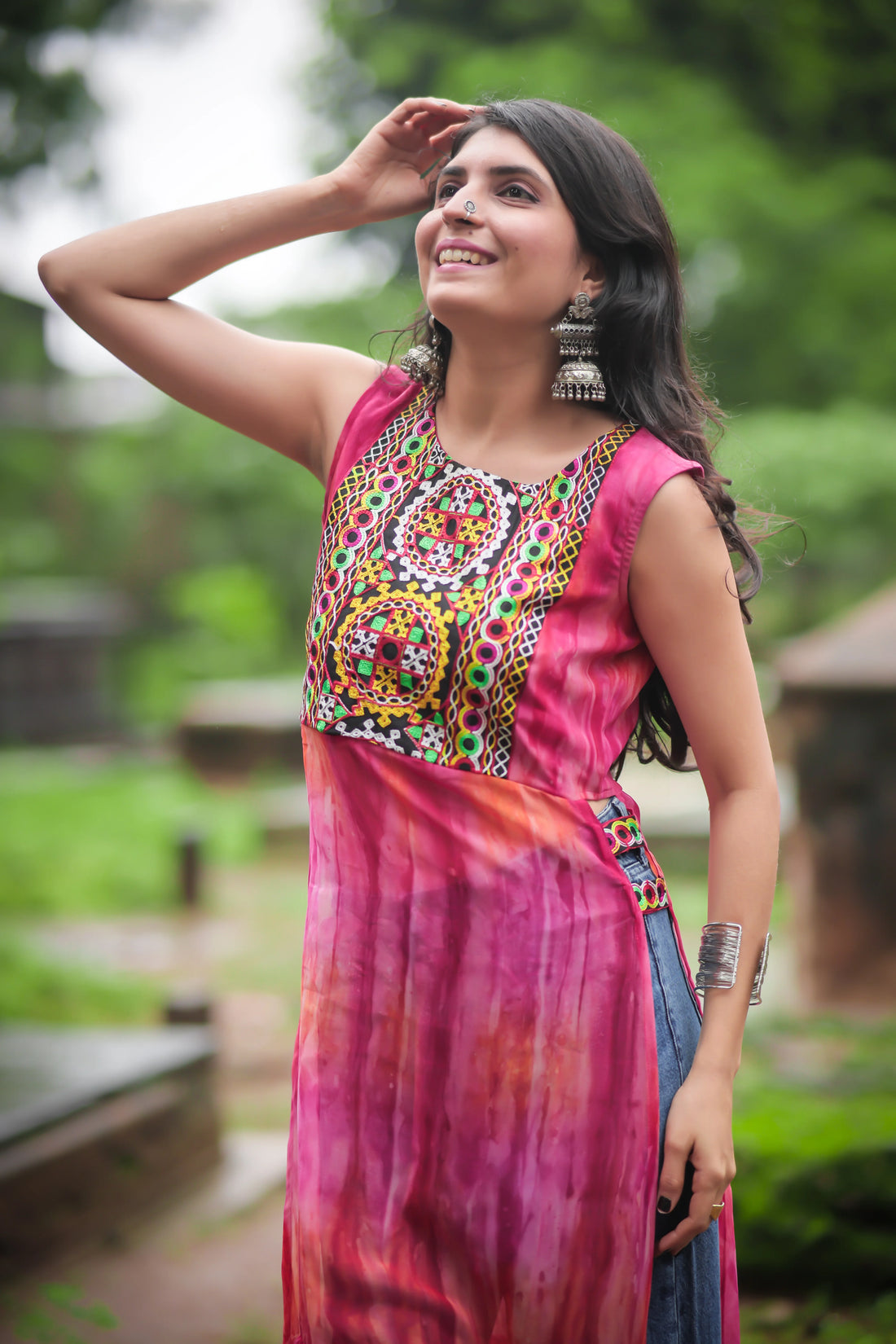 Pink Geogette Embroidered Ombre A-line long Kurta