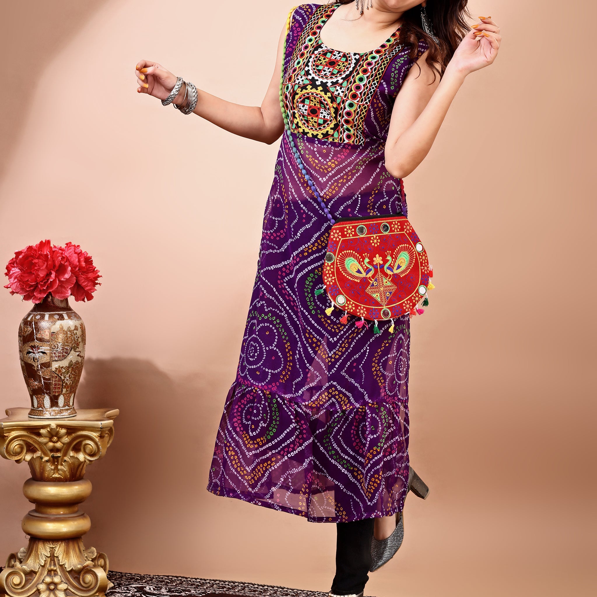 Georgette Embroidered Bandhani Print Kurta