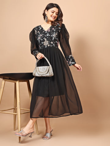 Youthnic Women's Georgette Floral Print Embroidered Flared Anarkali Dress