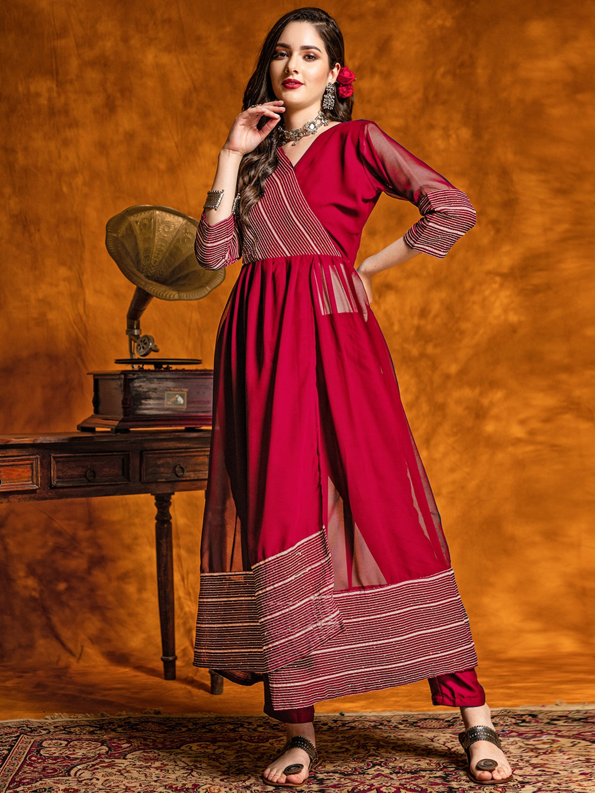 Georgette Angrakha Anarkali Kurta and Pant Set