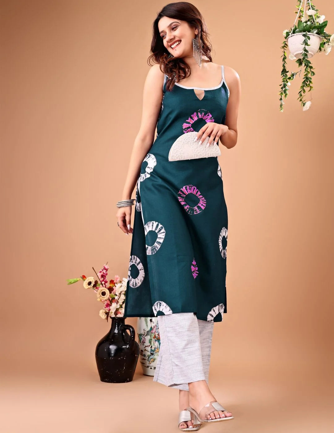 Bottle Green Poly Rayon Printed Shoulder Strpe Straight Kurta With Palazzo Set