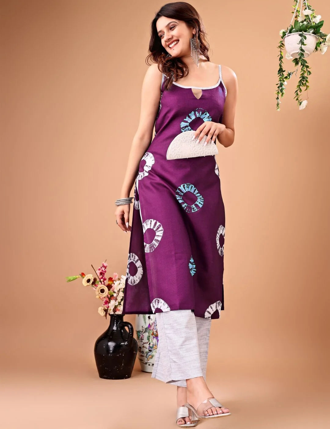 Wine Poly Rayon Printed Shoulder Strpe Straight Kurta With Palazzo Set