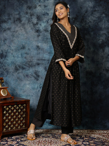 Black Nylon Zari-Butti Embroidered Work A-line Kurta Pant Set