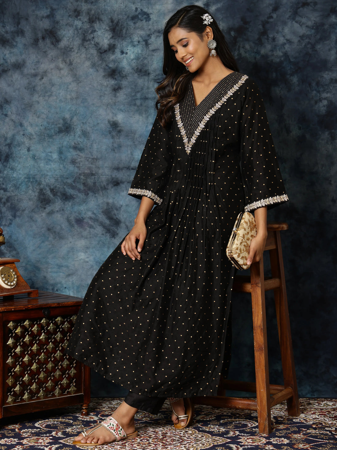 Black Nylon Zari-Butti Embroidered Work A-line Kurta Pant Set