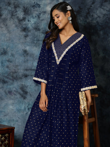 Navy Blue Nylon Zari-Butti Embroidered Work A-line Kurta Pant Set