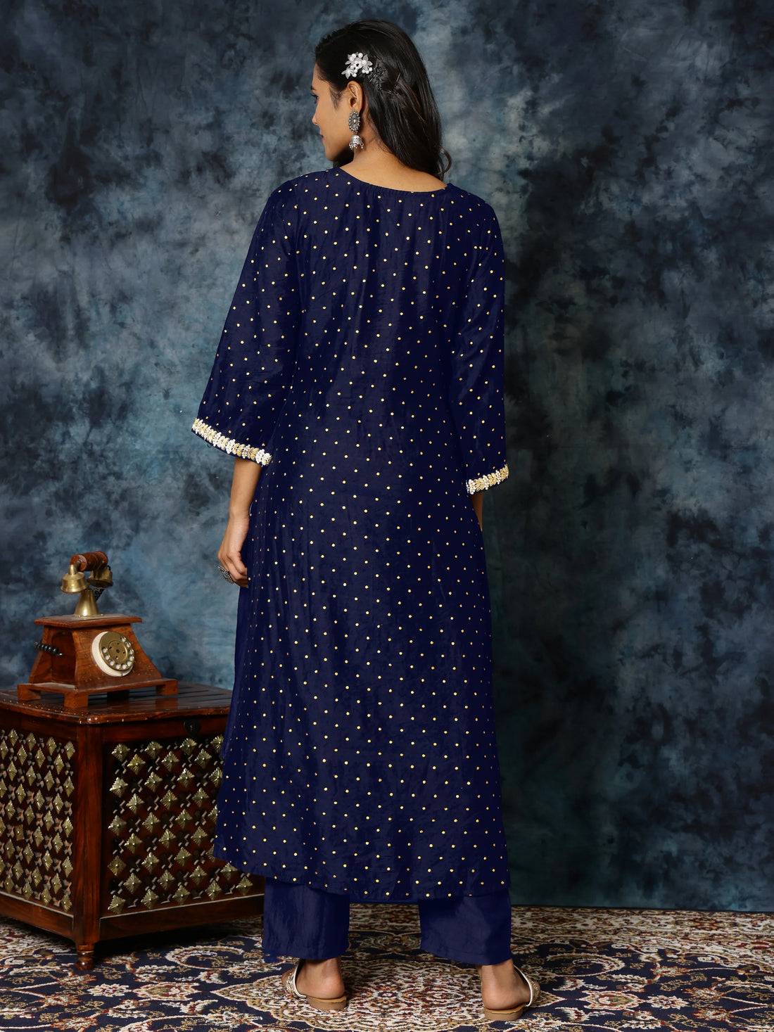 Navy Blue Nylon Zari-Butti Embroidered Work A-line Kurta Pant Set