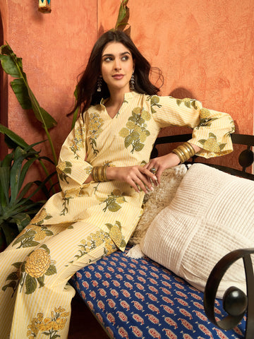 Pure Cotton Summer Wear Floral Print Co-ords Set (Yellow)