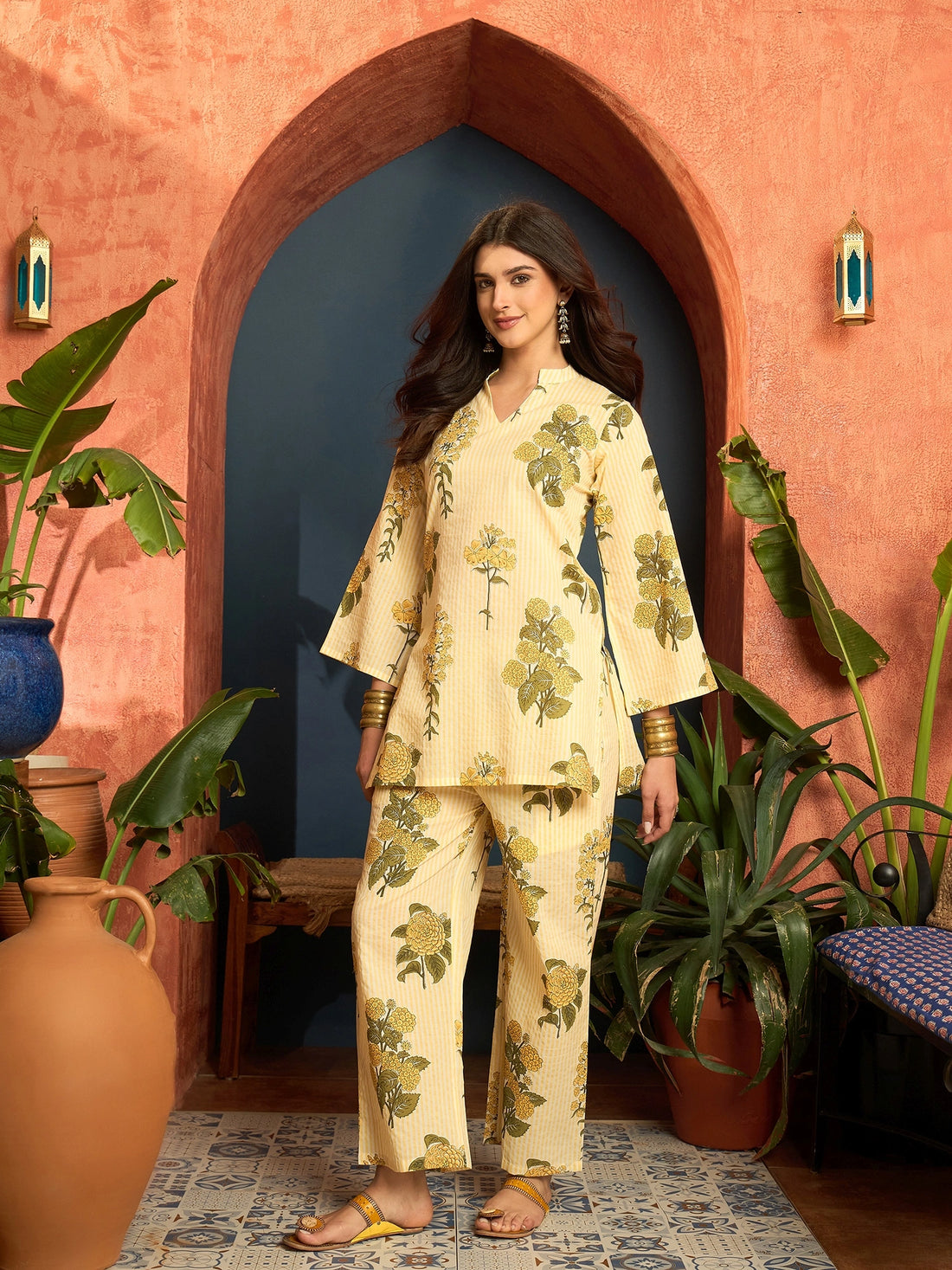 Pure Cotton Summer Wear Floral Print Co-ords Set (Yellow)