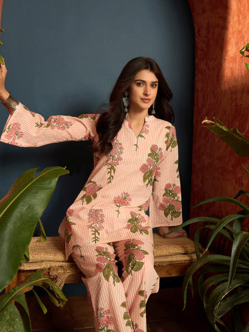 Pure Cotton Summer Wear Floral Print Co-ords Set (Peach)