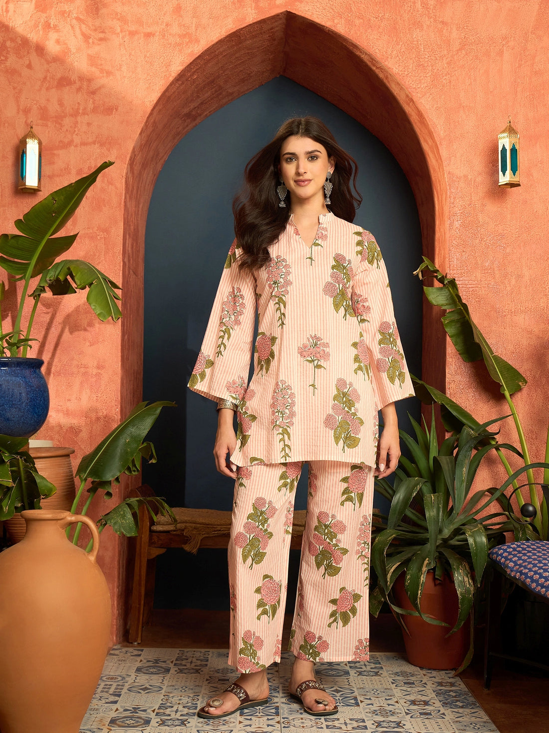 Pure Cotton Summer Wear Floral Print Co-ords Set (Peach)