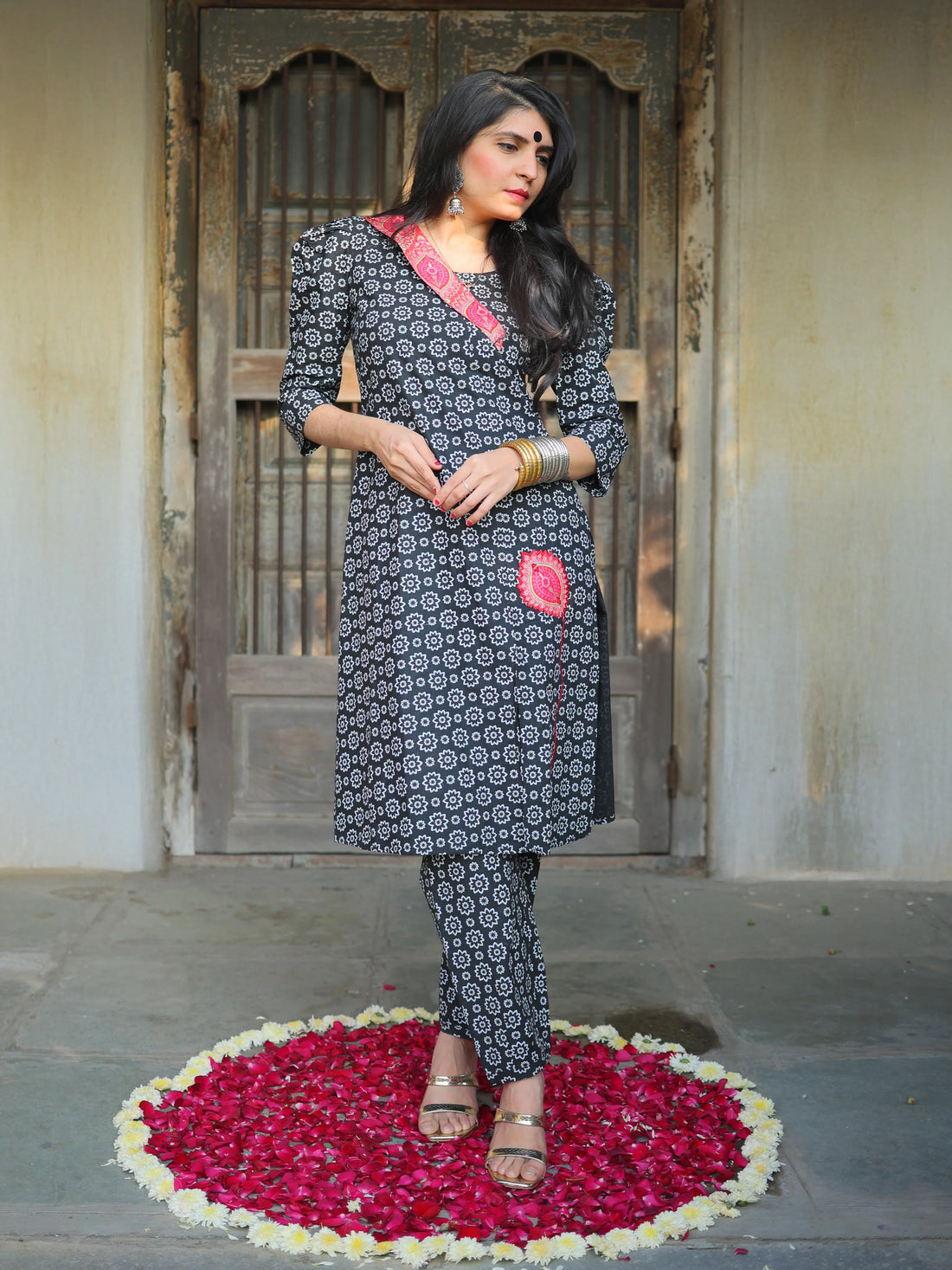 Youthnic black floral A-line kurta set — lifestyle view