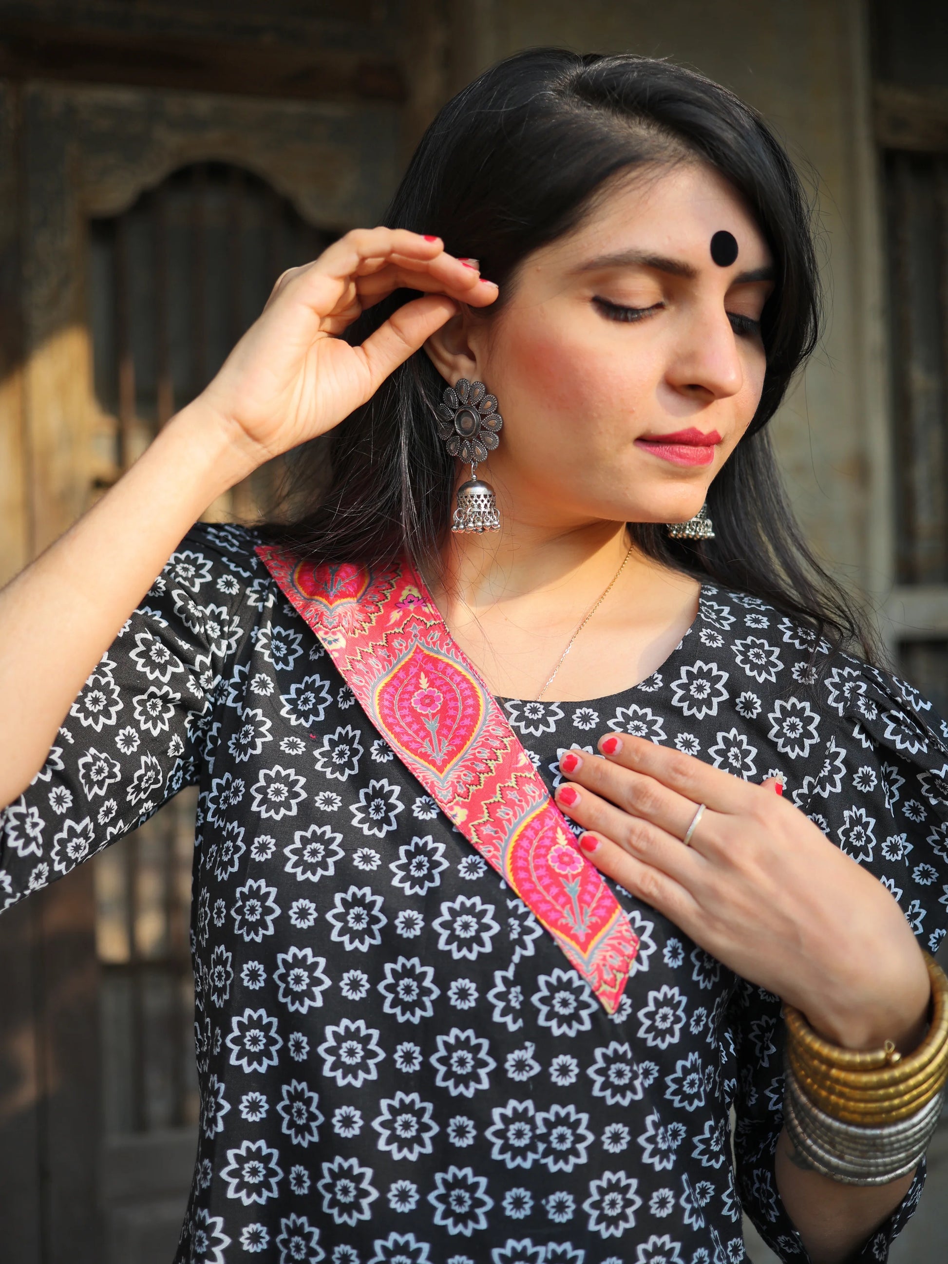 Youthnic black floral A-line kurta — hero front view
