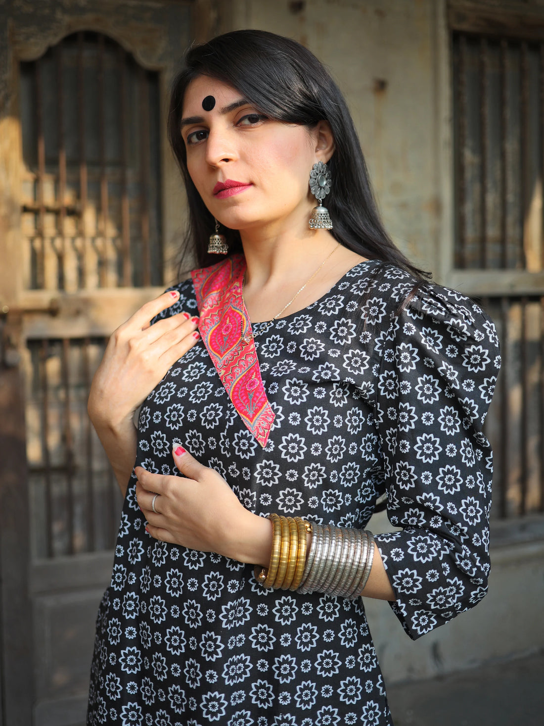Youthnic black floral A-line kurta set — lifestyle view