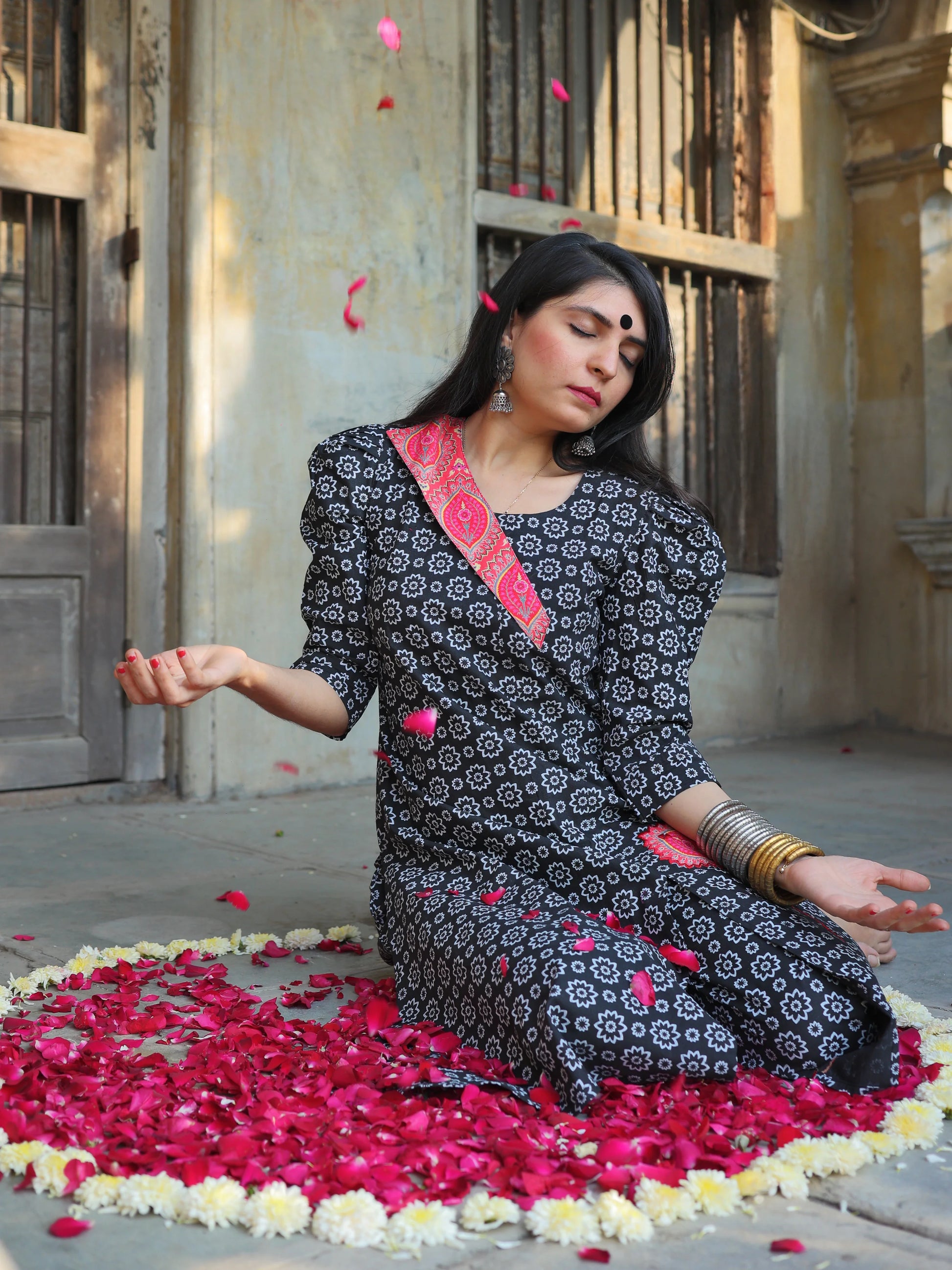 Youthnic black cotton A-line kurta set — full-length front view
