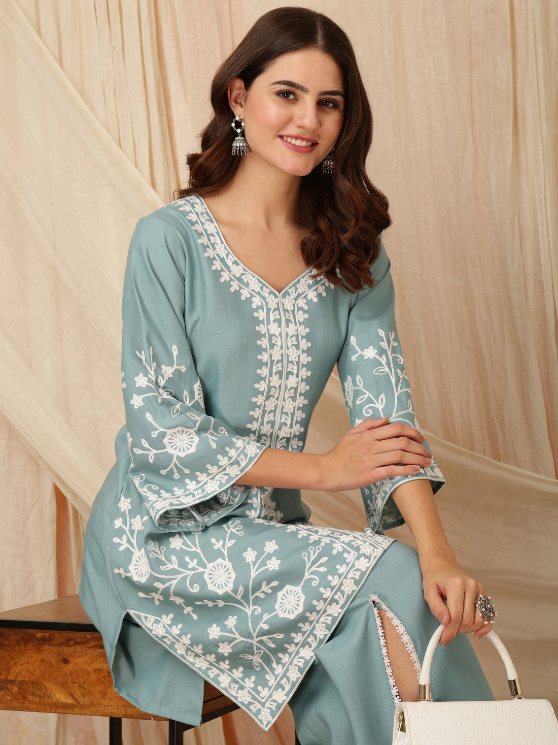 Dusty Green Cotton Blend Chikankari Embroidery A-Line Kurta Palazzo Set
