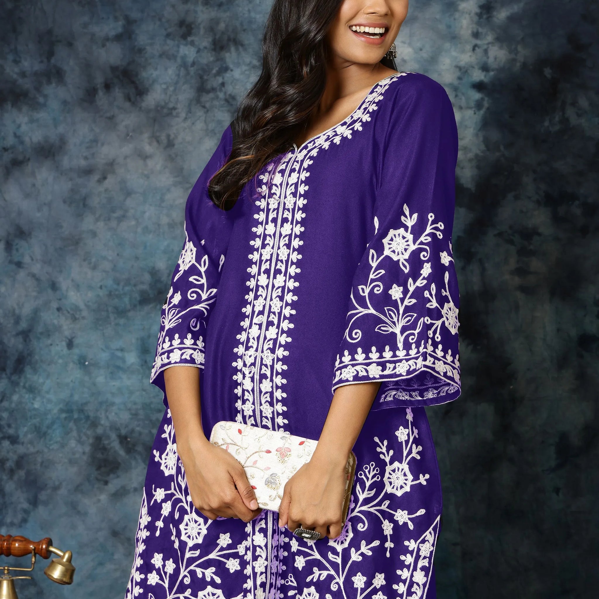 Purple Cotton Blend Chikankari Embroidery A-Line Co-ords set