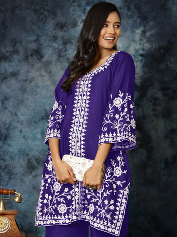 Purple Cotton Blend Chikankari Embroidery A-Line Co-ords set